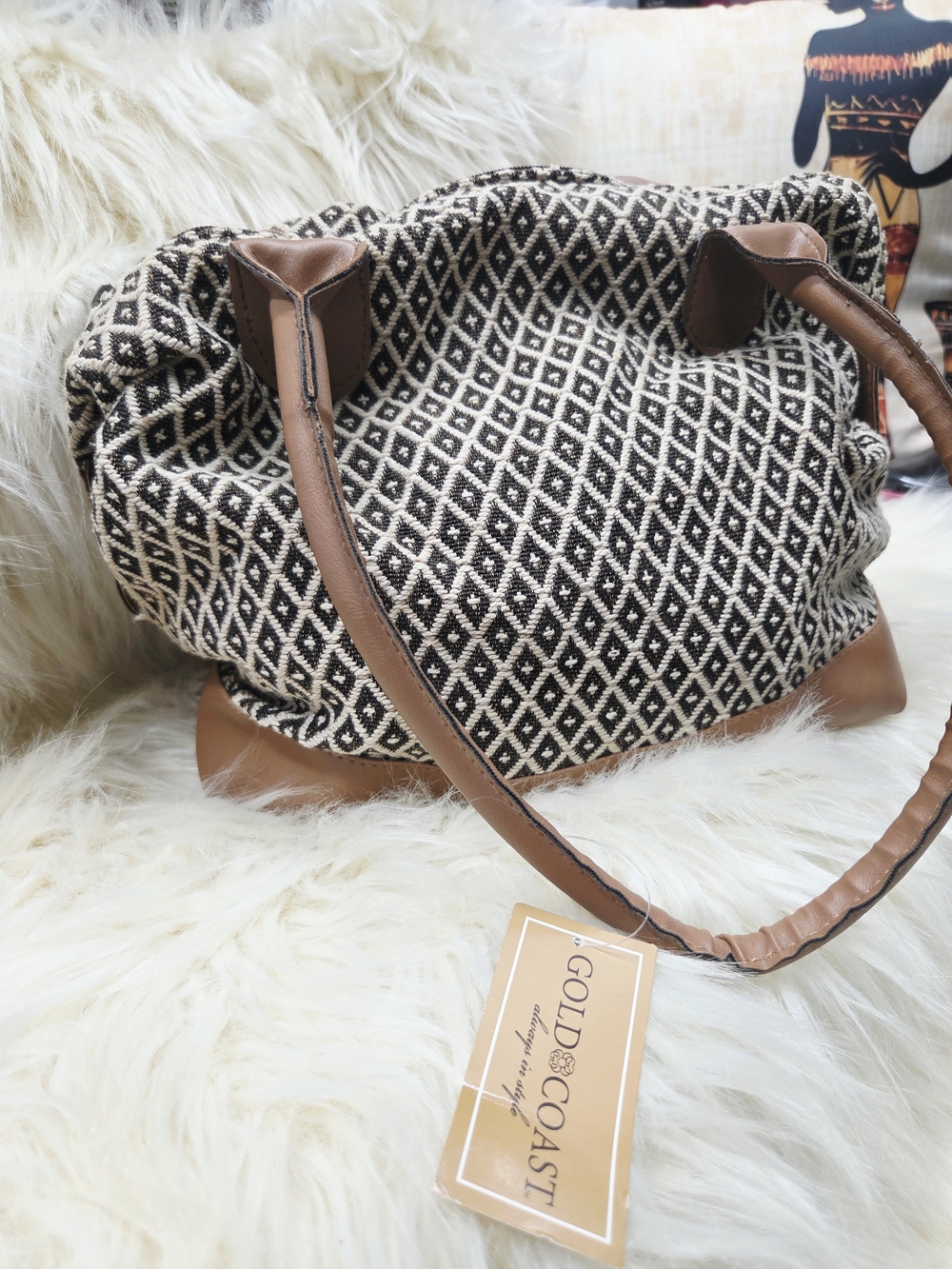 Gold Coast Black & Cream Patterned Hobo Bag with Tan Leather Trim